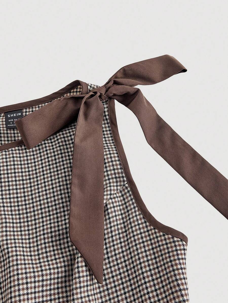 SHEIN MOD فستان كاروهات بياقة مستديرة بلا أكمام وفيونكة على الخصر