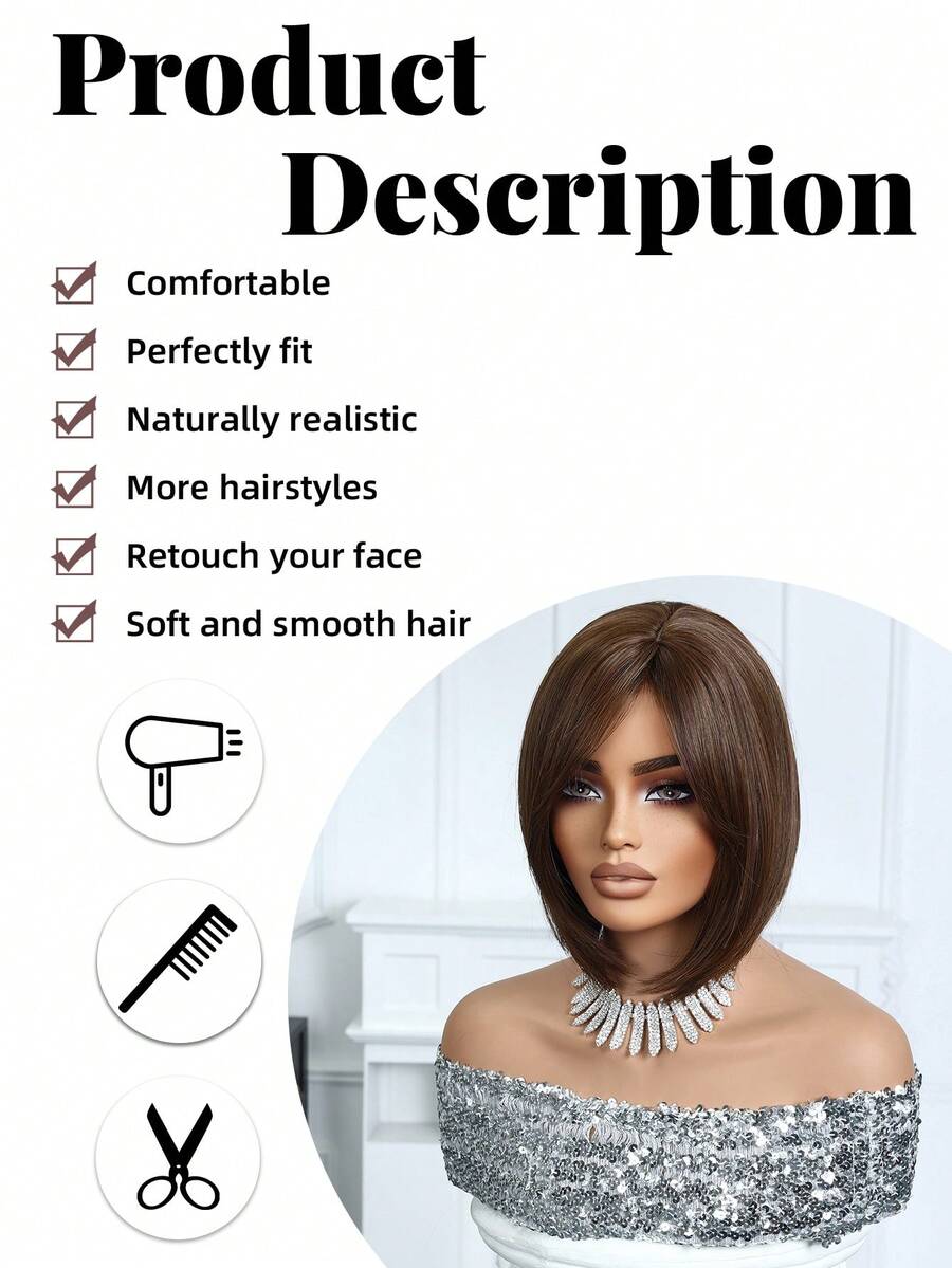 SHEIN باروكة بوب قصيرة 12 بوصة بني داكن مع غرة مقاومة للحرارة