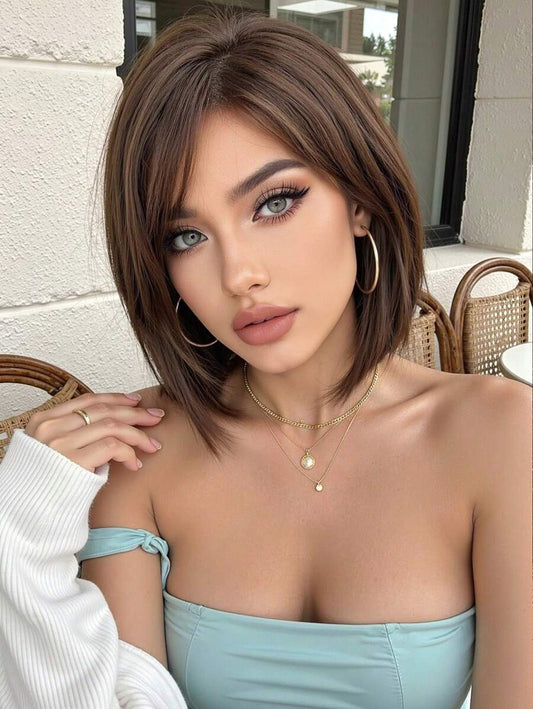 SHEIN باروكة بوب قصيرة 12 بوصة بني داكن مع غرة مقاومة للحرارة