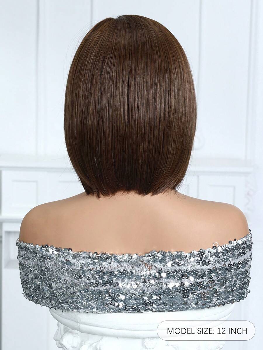 SHEIN باروكة بوب قصيرة 12 بوصة بني داكن مع غرة مقاومة للحرارة