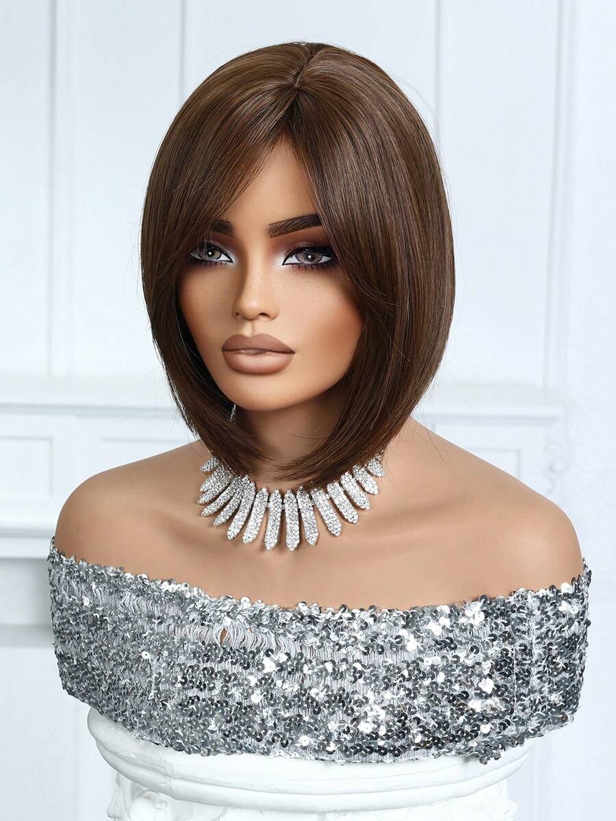 SHEIN باروكة بوب قصيرة 12 بوصة بني داكن مع غرة مقاومة للحرارة