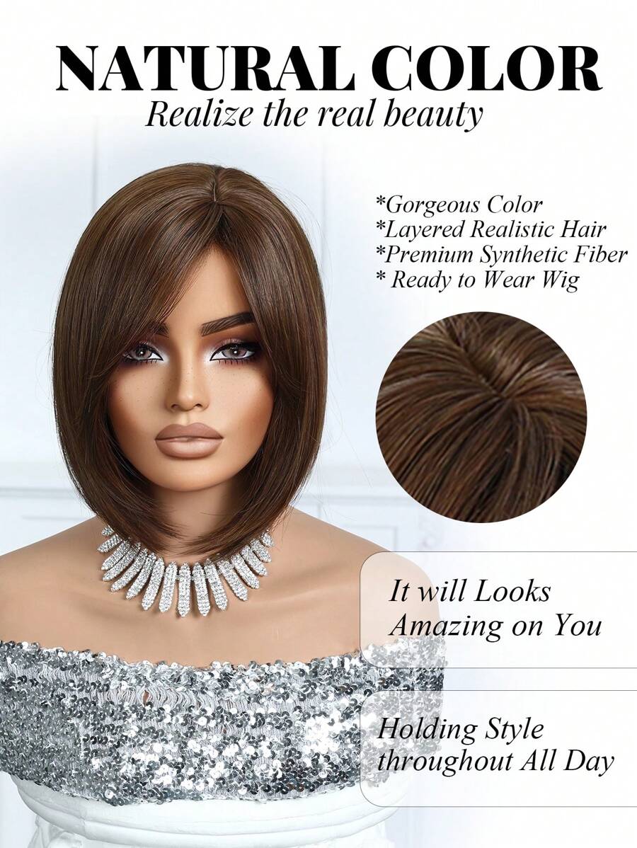 SHEIN باروكة بوب قصيرة 12 بوصة بني داكن مع غرة مقاومة للحرارة