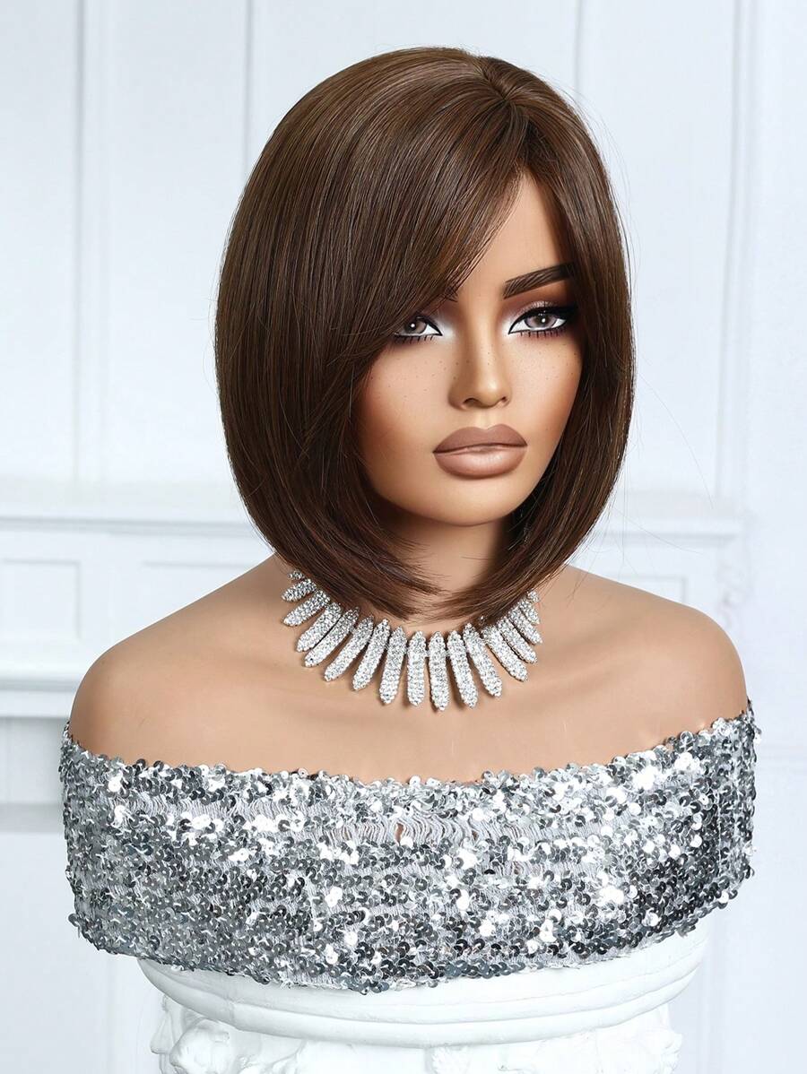 SHEIN باروكة بوب قصيرة 12 بوصة بني داكن مع غرة مقاومة للحرارة