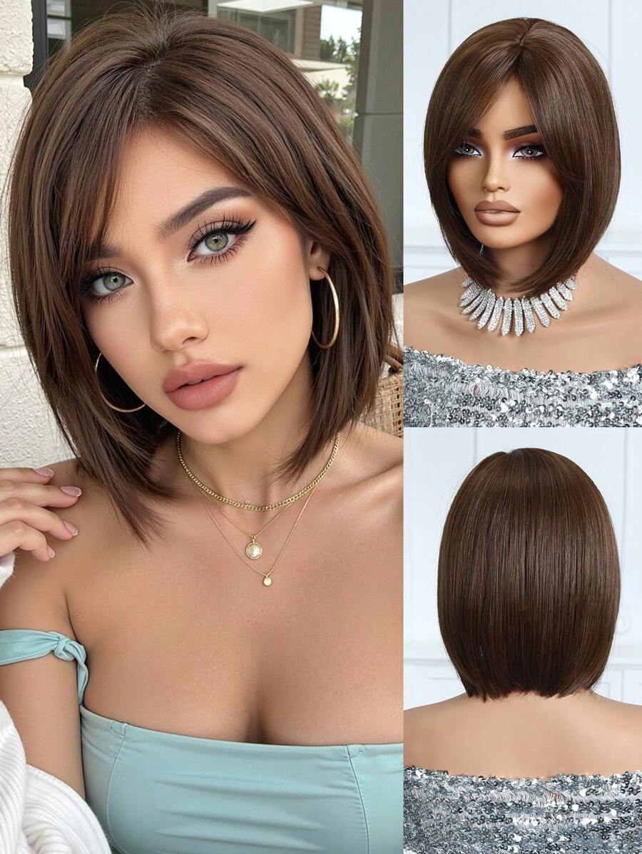 SHEIN باروكة بوب قصيرة 12 بوصة بني داكن مع غرة مقاومة للحرارة