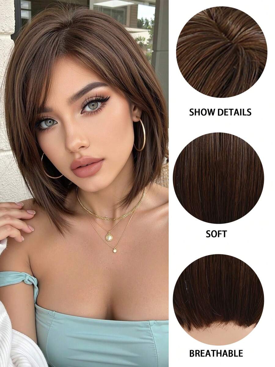 SHEIN باروكة بوب قصيرة 12 بوصة بني داكن مع غرة مقاومة للحرارة