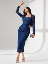 SHEIN Modelyn فستان أزرق بأكمام طويلة وياقة دانتيل