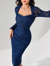 SHEIN Modelyn فستان أزرق بأكمام طويلة وياقة دانتيل