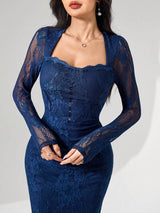 SHEIN Modelyn فستان أزرق بأكمام طويلة وياقة دانتيل