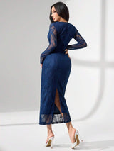 SHEIN Modelyn فستان أزرق بأكمام طويلة وياقة دانتيل