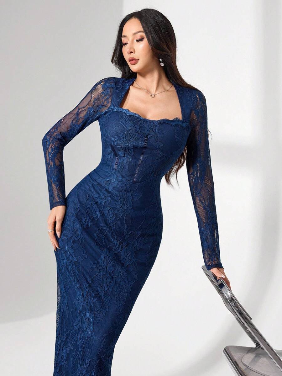 SHEIN Modelyn فستان أزرق بأكمام طويلة وياقة دانتيل