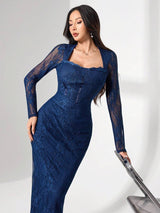 SHEIN Modelyn فستان أزرق بأكمام طويلة وياقة دانتيل