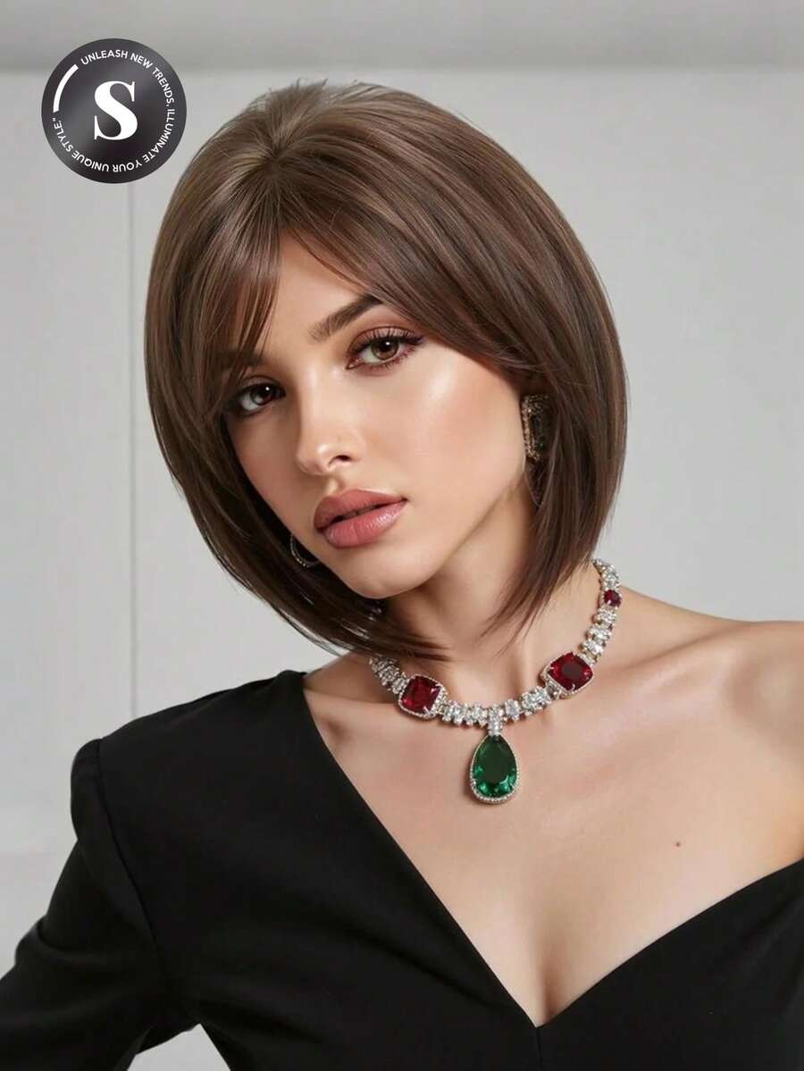 SHEIN باروكة بوب قصيرة بلون بني داكن 10 بوصات