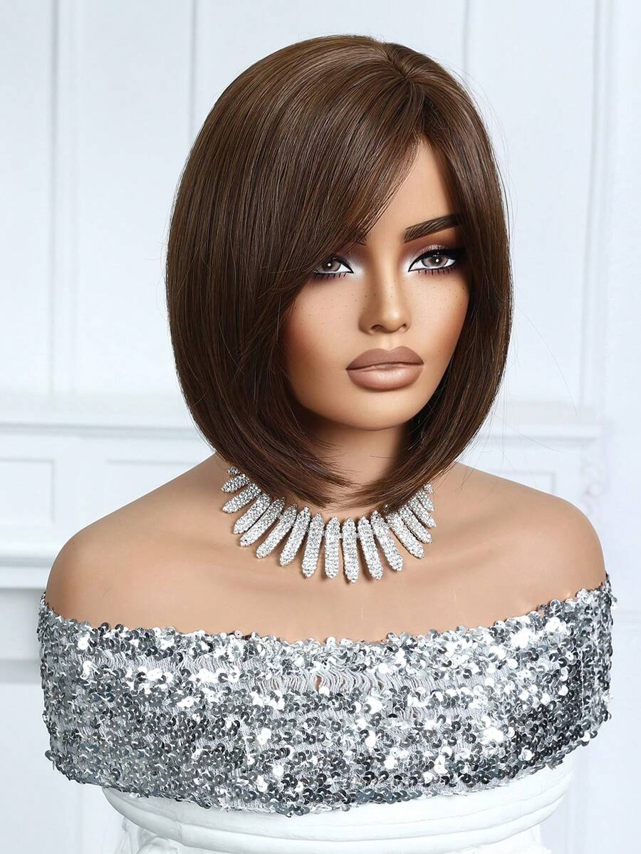 SHEIN باروكة بوب قصيرة بلون بني داكن 10 بوصات