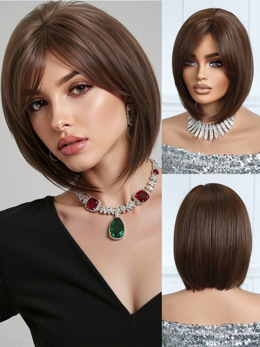 SHEIN باروكة بوب قصيرة بلون بني داكن 10 بوصات