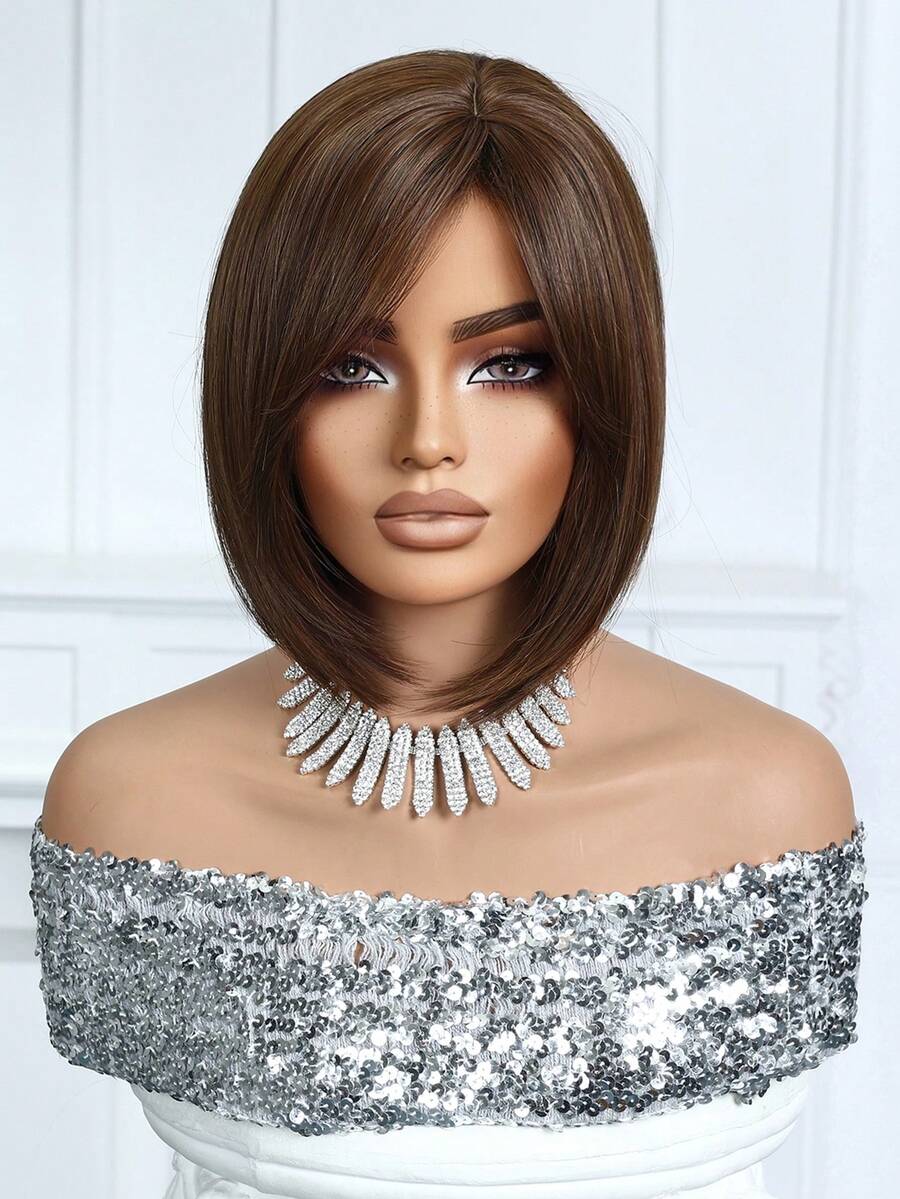 SHEIN باروكة بوب قصيرة بلون بني داكن 10 بوصات