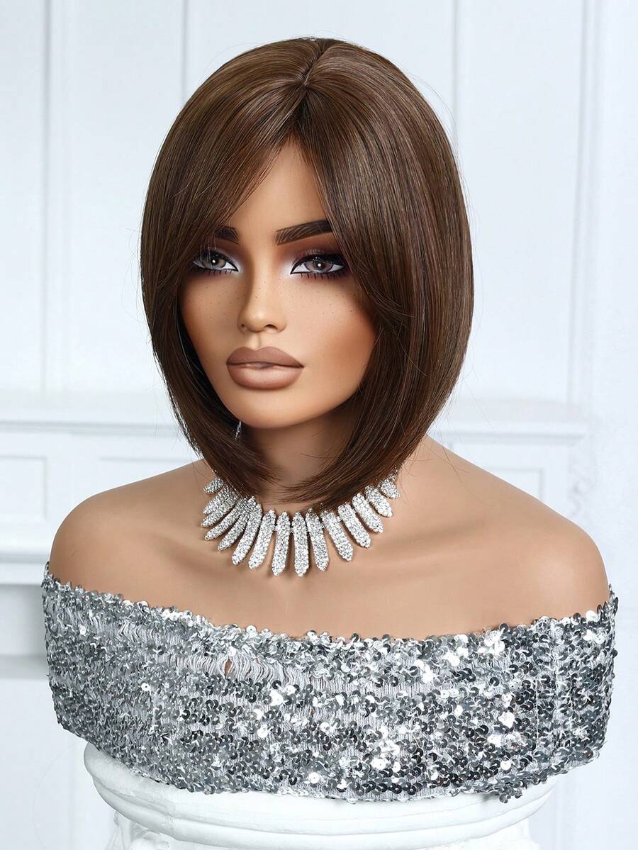 SHEIN باروكة بوب قصيرة بلون بني داكن 10 بوصات