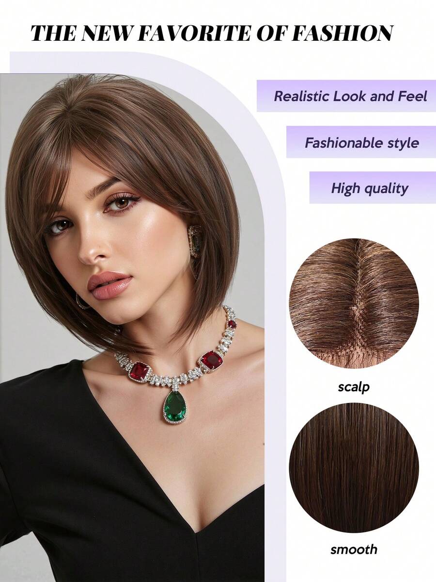 SHEIN باروكة بوب قصيرة بلون بني داكن 10 بوصات