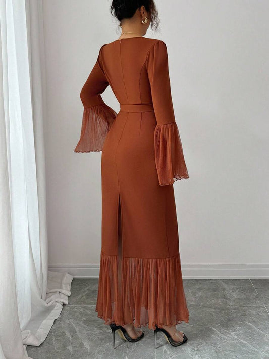 SHEIN Elenzga فستان بني طويل بياقة