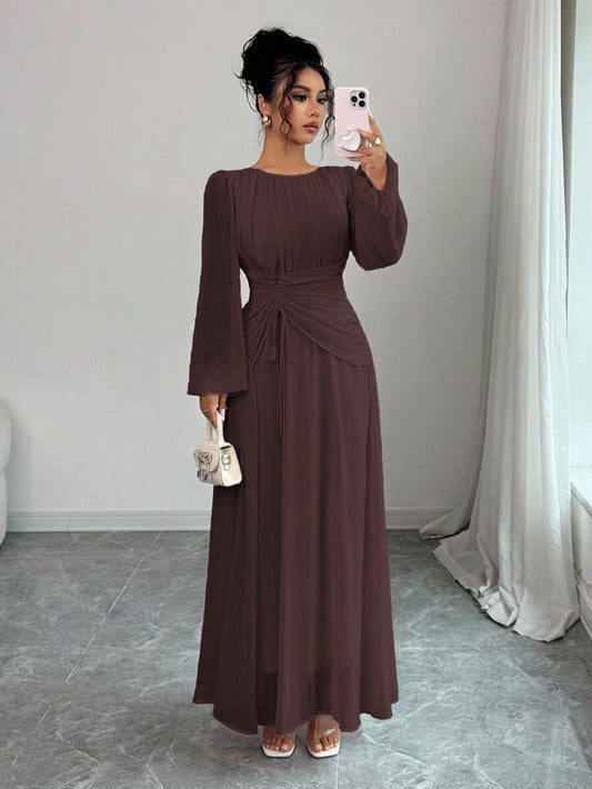 SHEIN Elenzga فستان ماكسي بني بأكمام طويلة وخصر مطوي