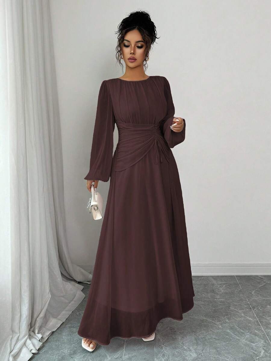 SHEIN Elenzga فستان ماكسي بني بأكمام طويلة وخصر مطوي