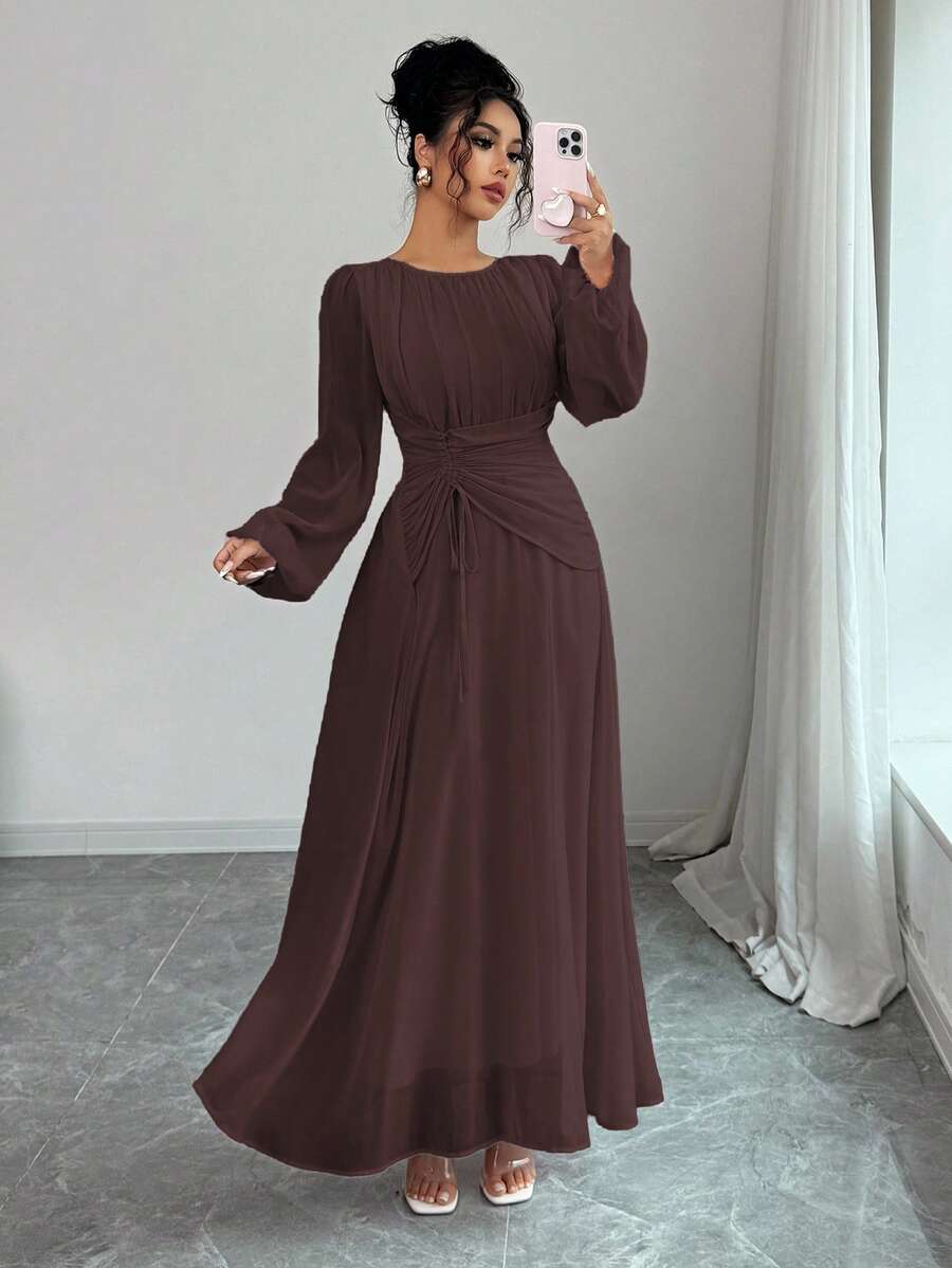 SHEIN Elenzga فستان ماكسي بني بأكمام طويلة وخصر مطوي