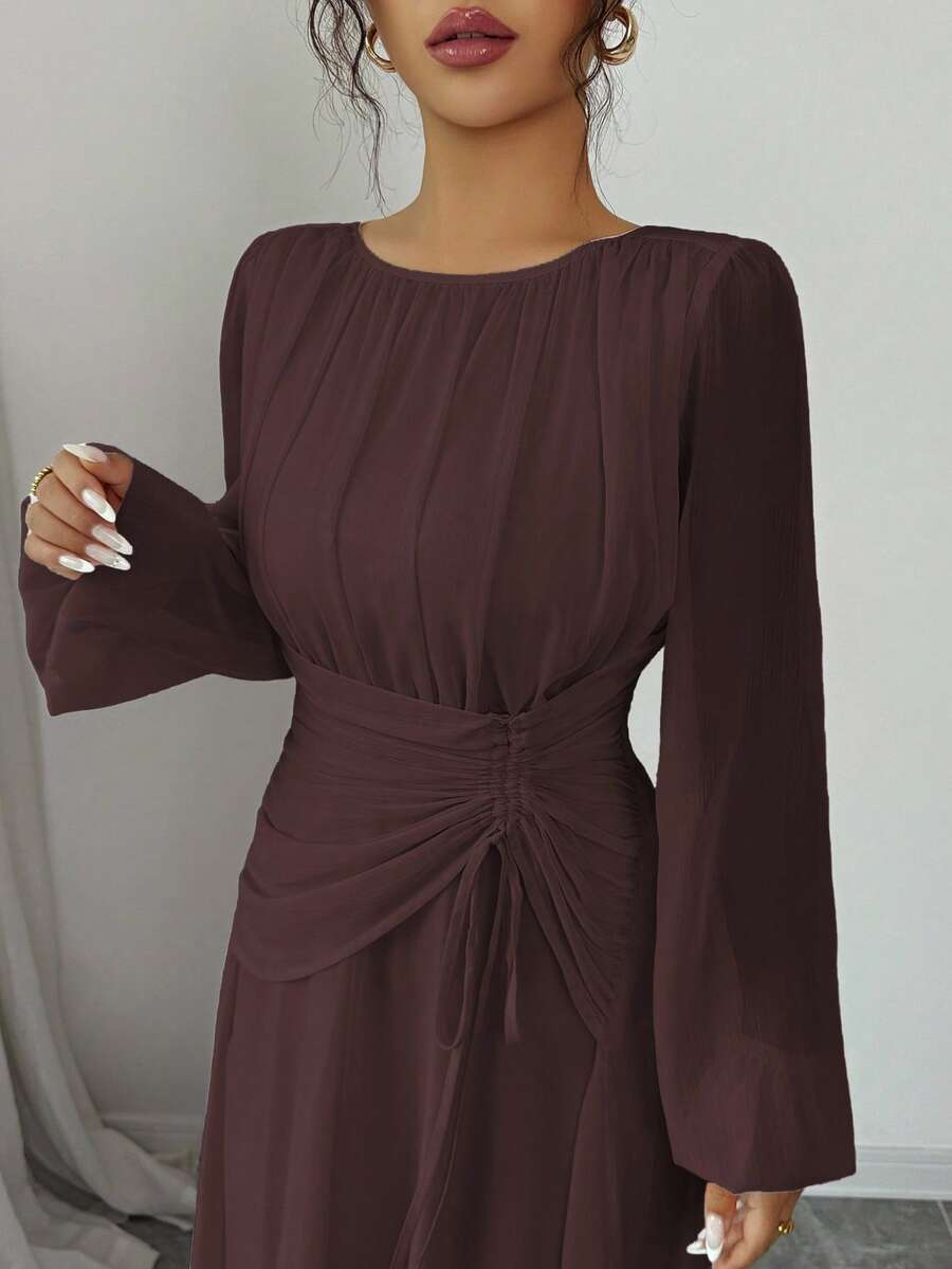 SHEIN Elenzga فستان ماكسي بني بأكمام طويلة وخصر مطوي