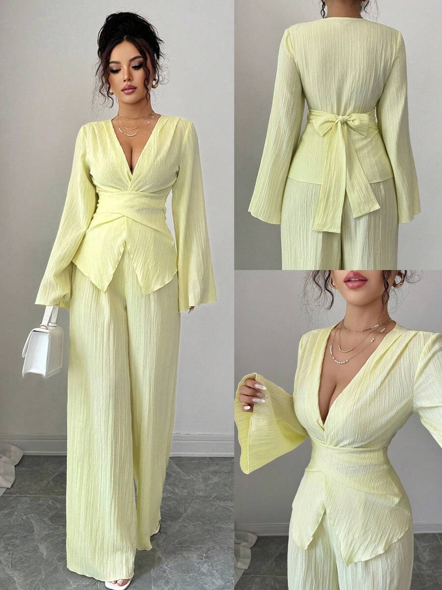 SHEIN Elenzga طقم نسائي قطعتين بلوزة بربطة خصر وبنطال واسع الساق