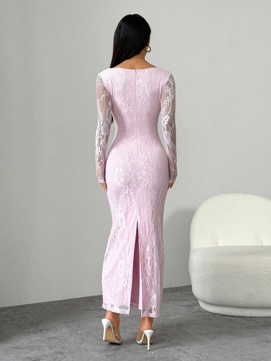 SHEIN PETITE فستان ماكسي وردي ضيق بياقة مربعة وأكمام دانتيل طويلة