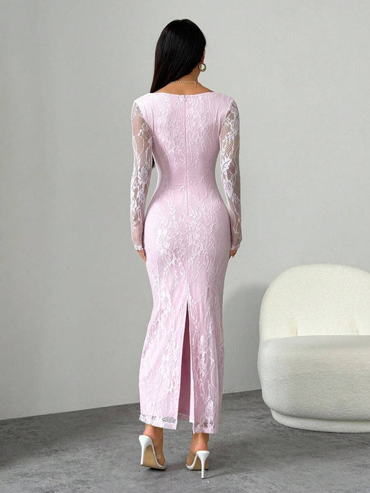 SHEIN PETITE فستان ماكسي وردي ضيق بياقة مربعة وأكمام دانتيل طويلة