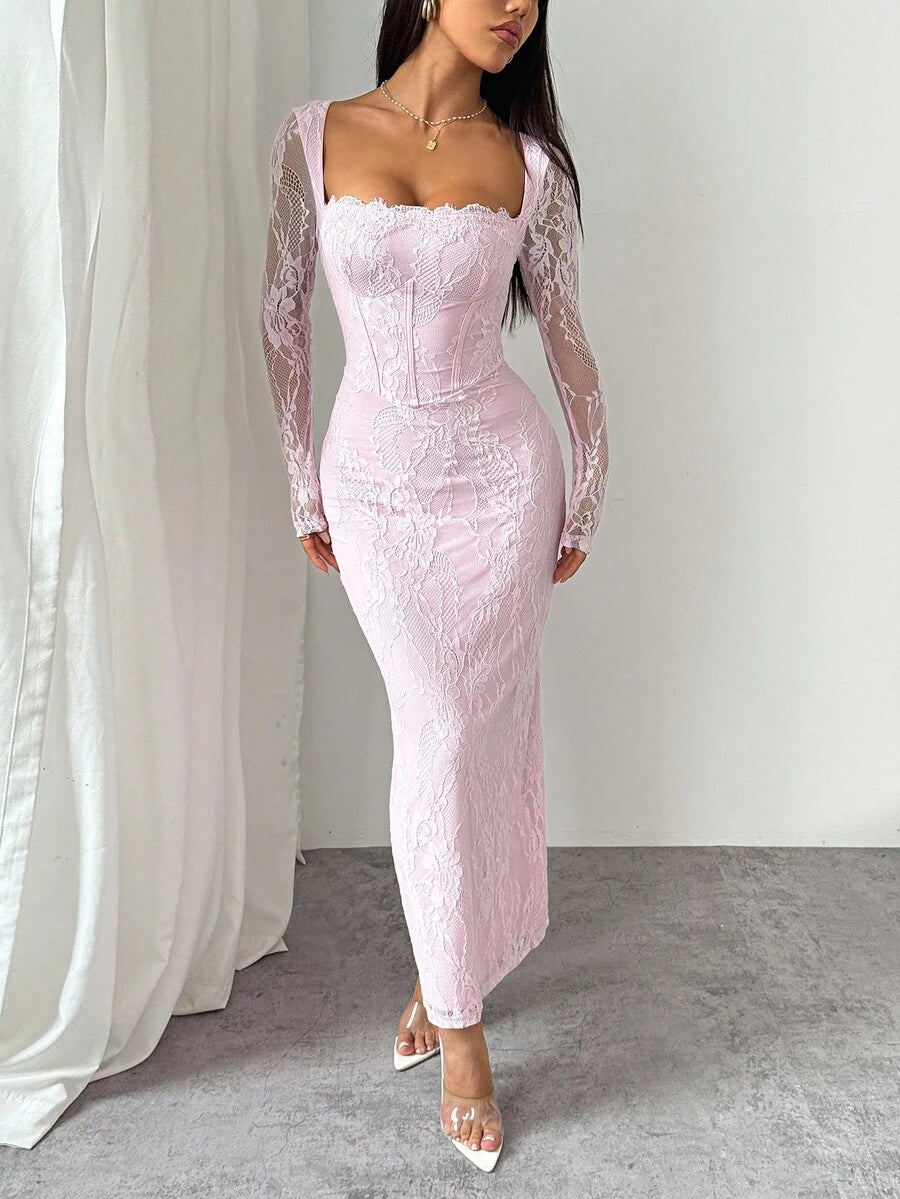 SHEIN PETITE فستان ماكسي وردي ضيق بياقة مربعة وأكمام دانتيل طويلة