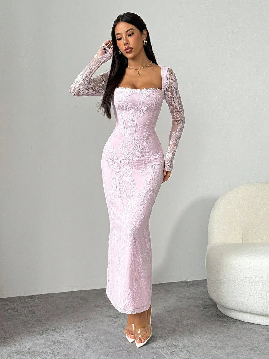 SHEIN PETITE فستان ماكسي وردي ضيق بياقة مربعة وأكمام دانتيل طويلة