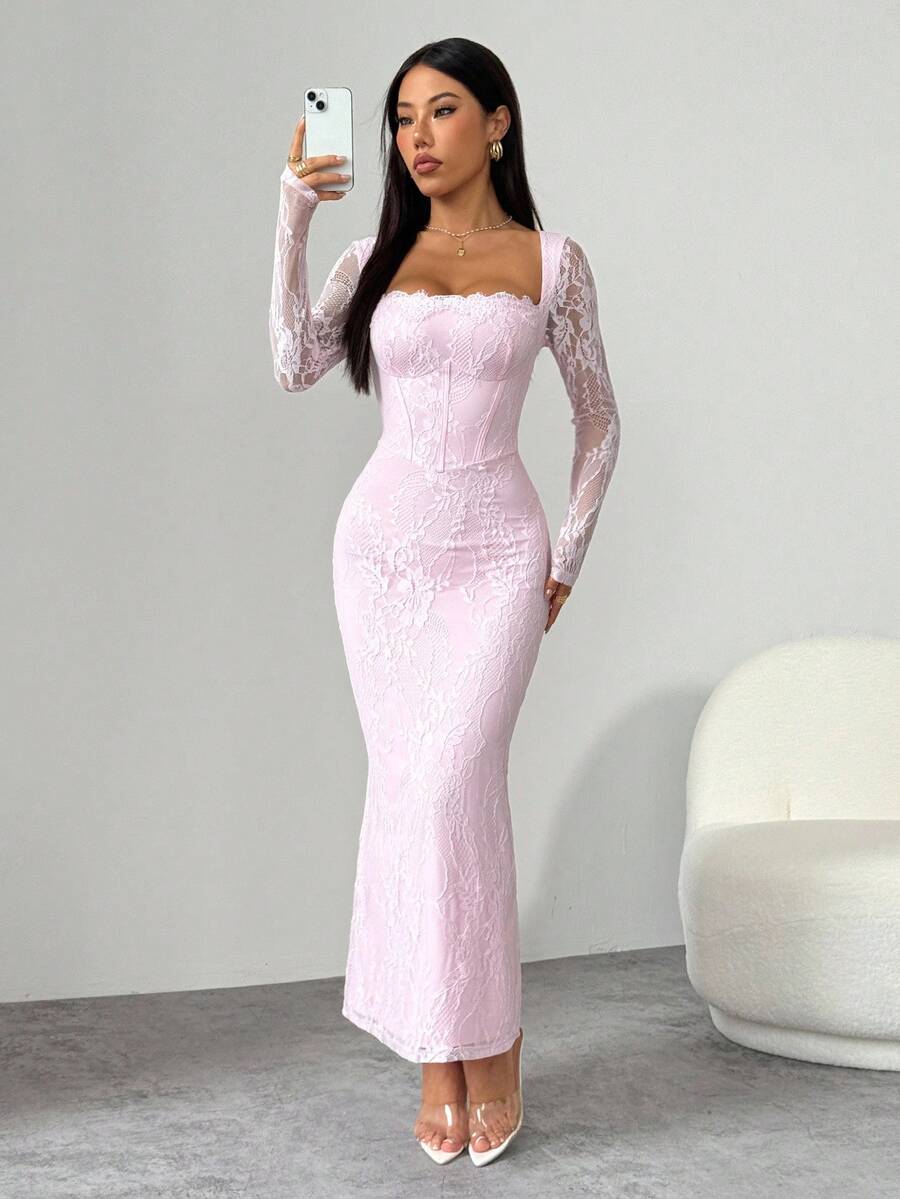 SHEIN PETITE فستان ماكسي وردي ضيق بياقة مربعة وأكمام دانتيل طويلة