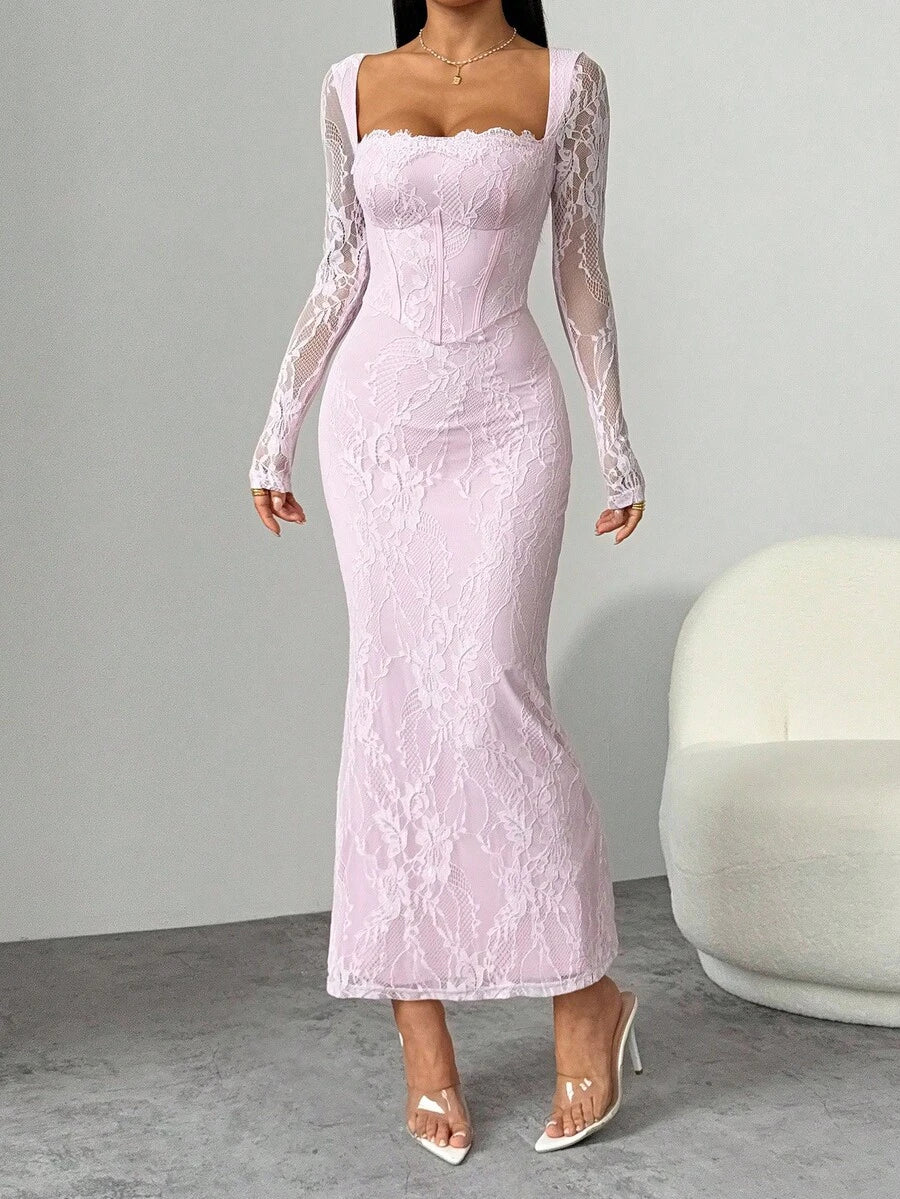 SHEIN PETITE فستان ماكسي وردي ضيق بياقة مربعة وأكمام دانتيل طويلة