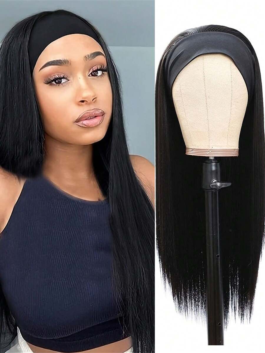 SHEIN باروكة طويلة سوداء بشريط رأس مقاومة للحرارة