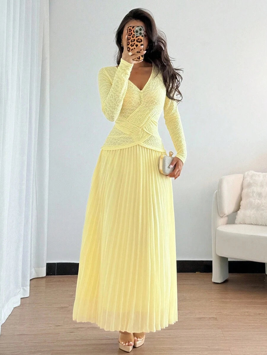 SHEIN Raffinéa فستان أصفر أنيق بأزرار زخرفية بطيات عند الذيل