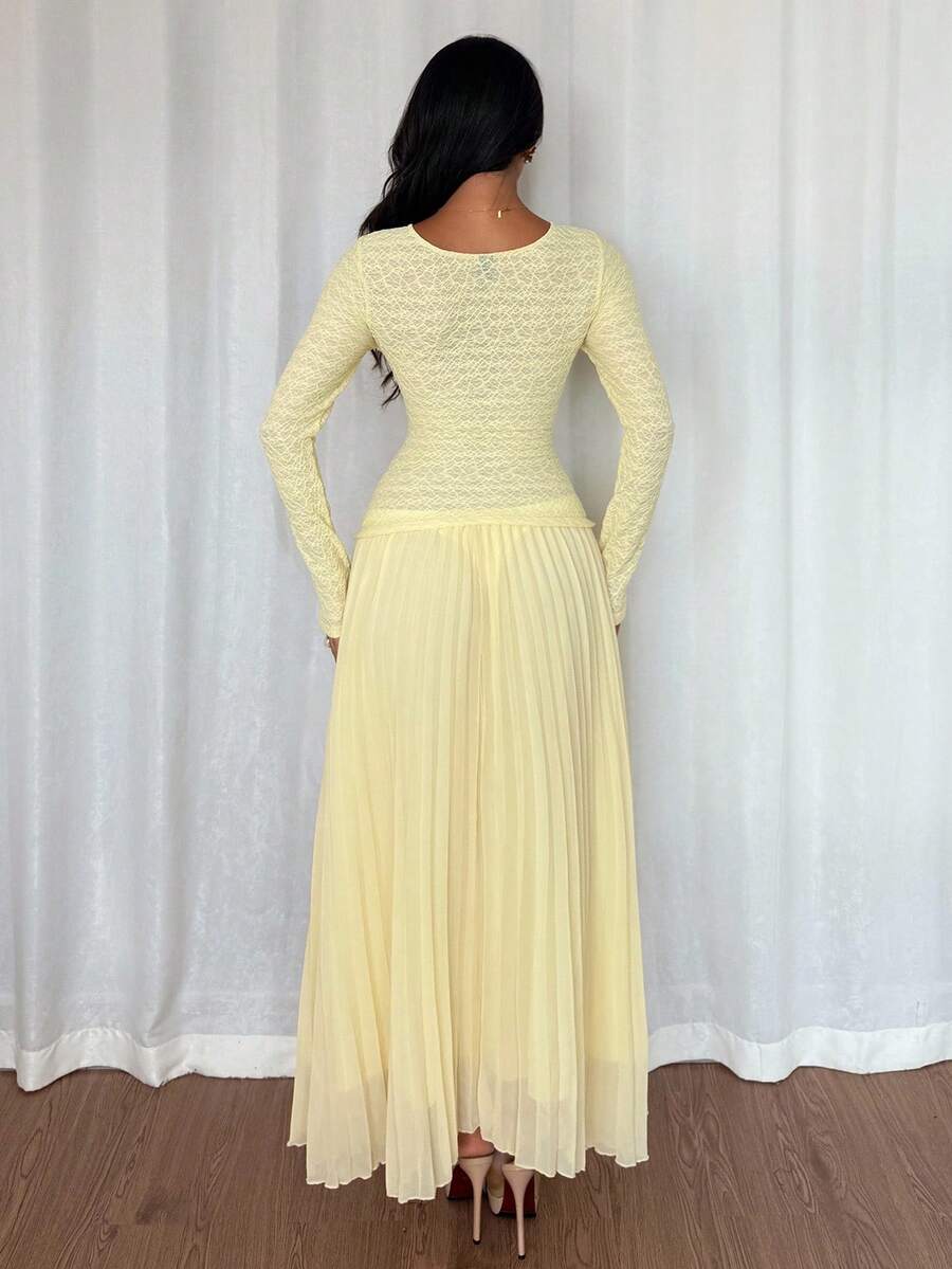 SHEIN Raffinéa فستان أصفر أنيق بأزرار زخرفية بطيات عند الذيل