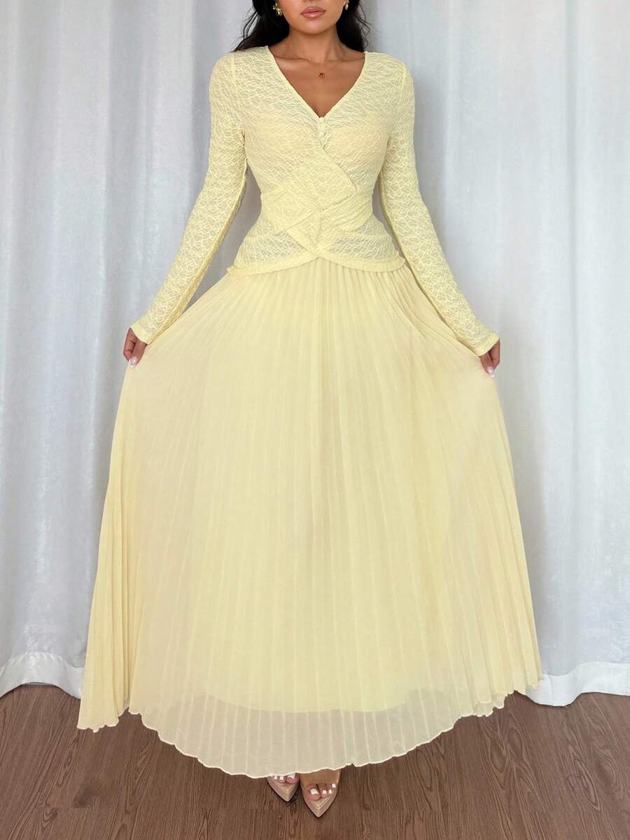 SHEIN Raffinéa فستان أصفر أنيق بأزرار زخرفية بطيات عند الذيل