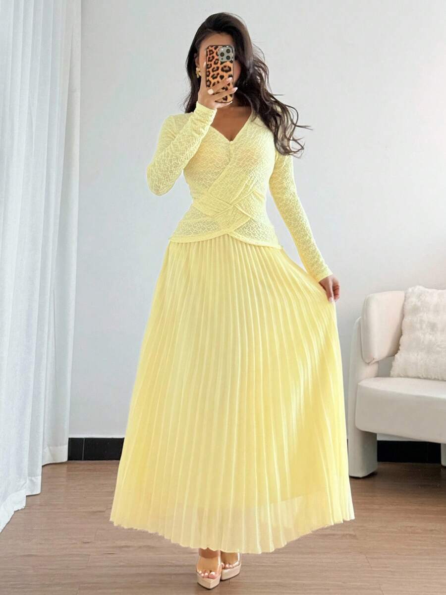 SHEIN Raffinéa فستان أصفر أنيق بأزرار زخرفية بطيات عند الذيل