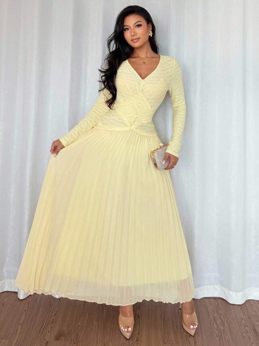 SHEIN Raffinéa فستان أصفر أنيق بأزرار زخرفية بطيات عند الذيل