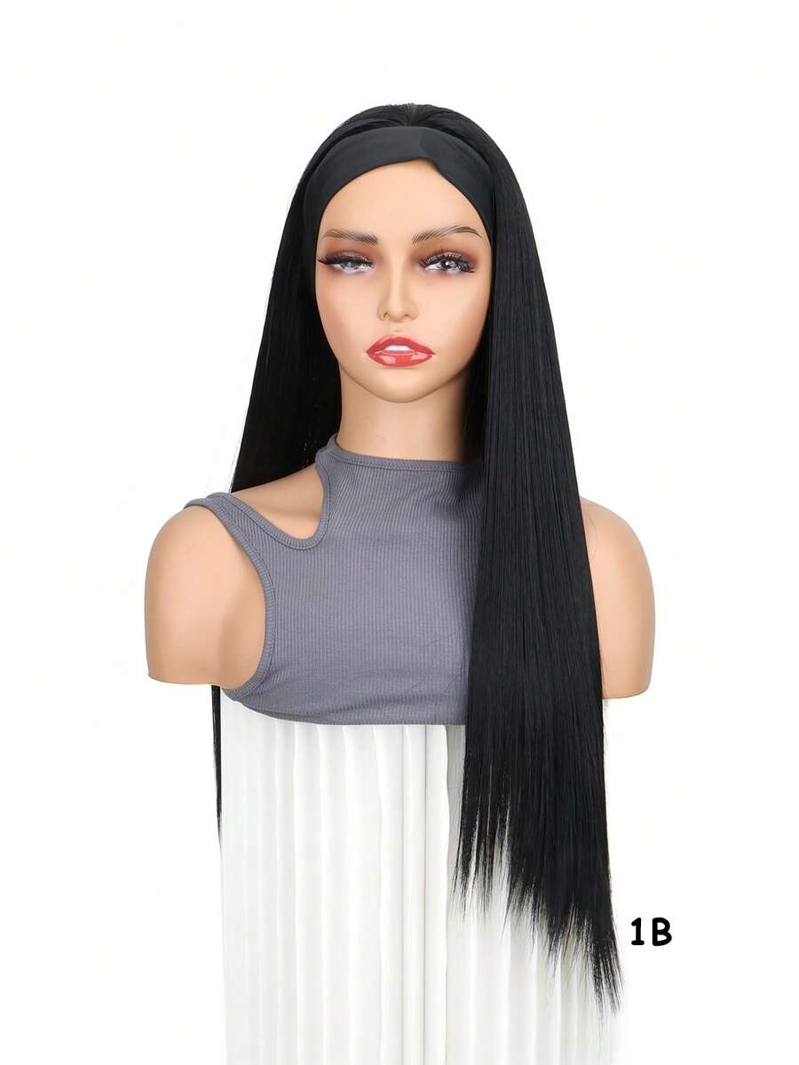 SHEIN باروكة طويلة سوداء بشريط رأس مقاومة للحرارة