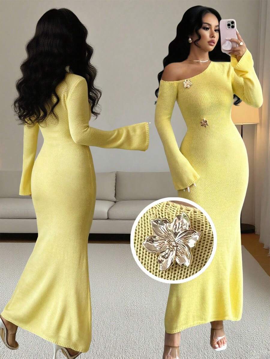 SHEIN Islaluna فستان ماكسي اصفر ضيق بأكمام واسعة