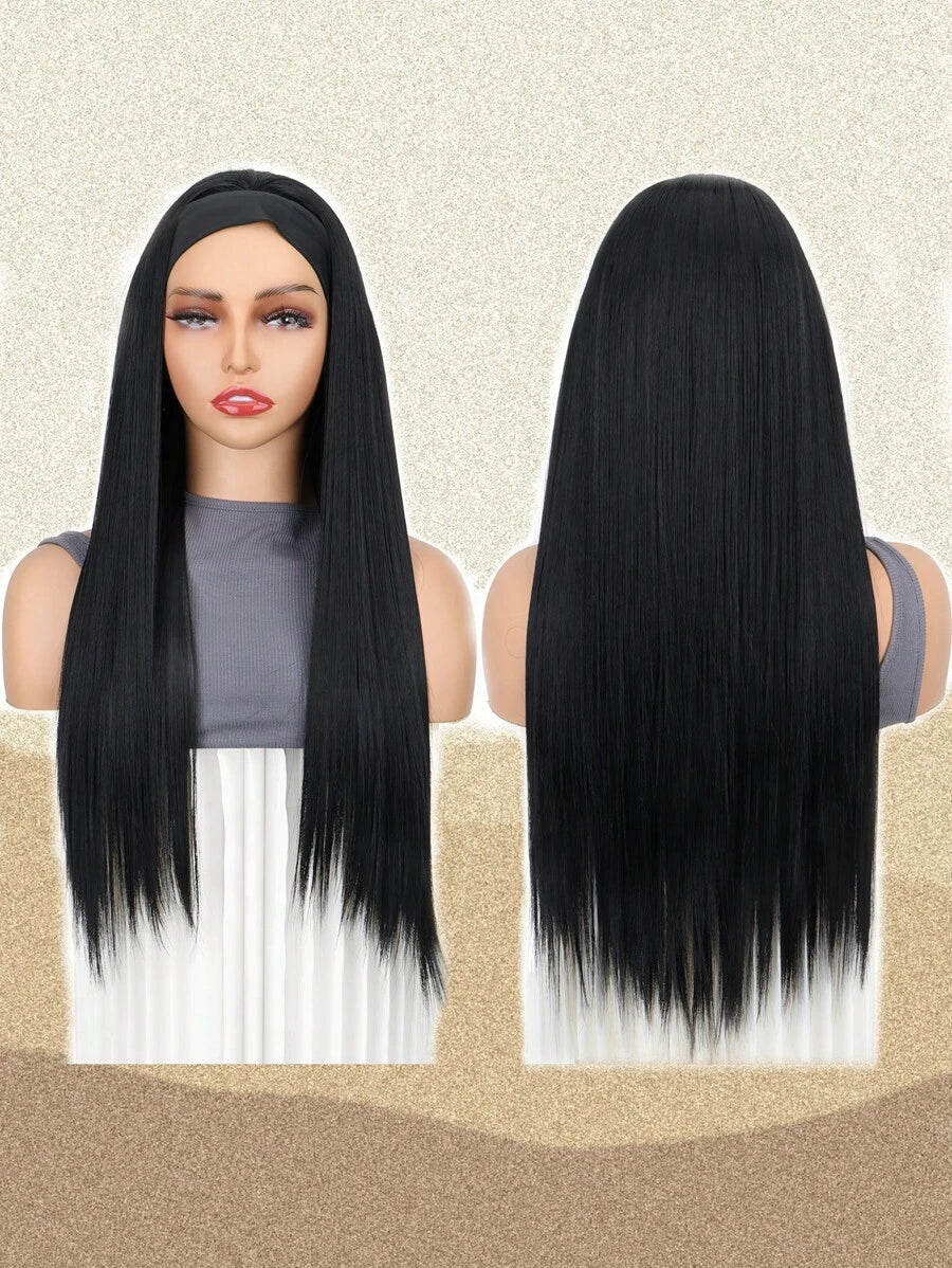 SHEIN باروكة طويلة سوداء بشريط رأس مقاومة للحرارة