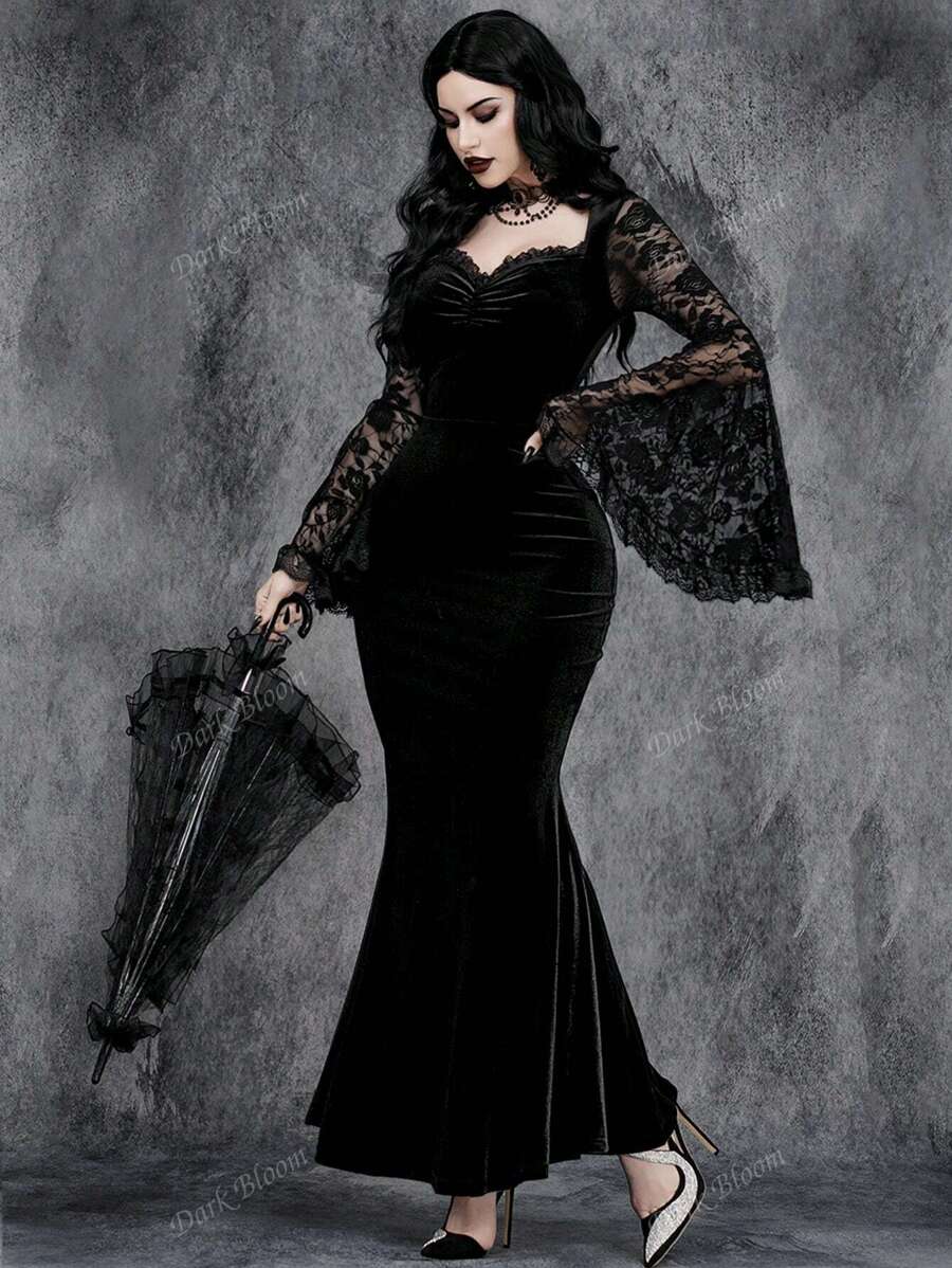 SHEIN فستان أسود دانتيل مخمل بذيل سمكة