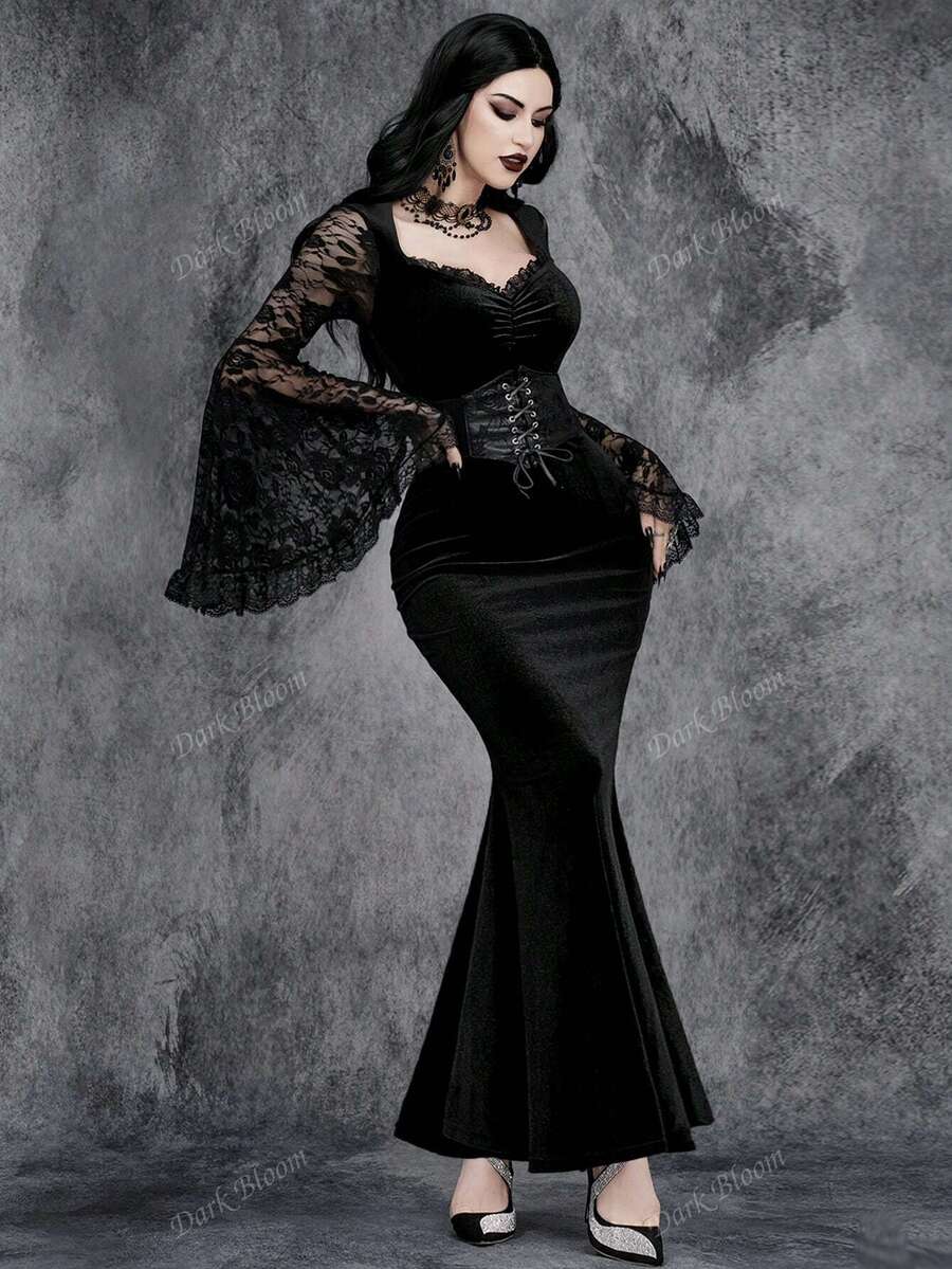 SHEIN فستان أسود دانتيل مخمل بذيل سمكة