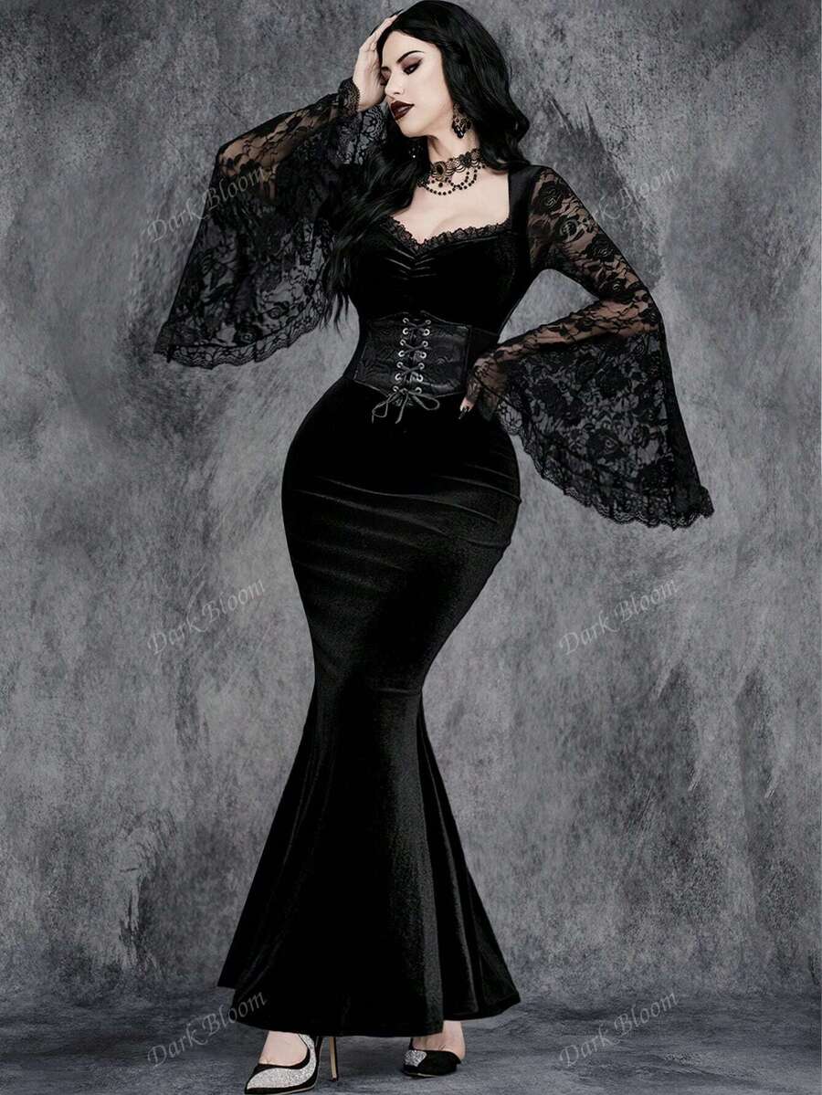 SHEIN فستان أسود دانتيل مخمل بذيل سمكة