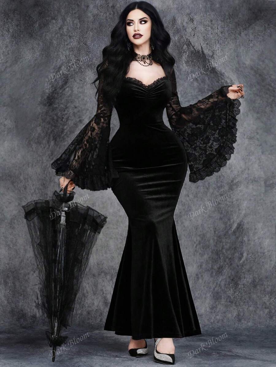 SHEIN فستان أسود دانتيل مخمل بذيل سمكة