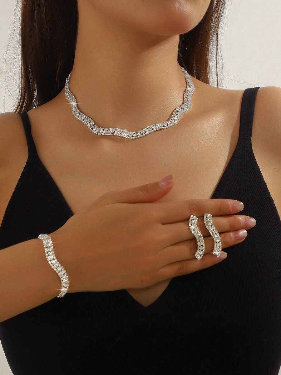 SHEIN مجموعة مجوهرات 4 قطع فضية من الراين