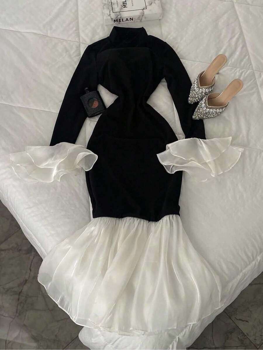 SHEIN INAWLY فستان حفلات أسود بأكمام واسعة وذيل سمكة أبيض
