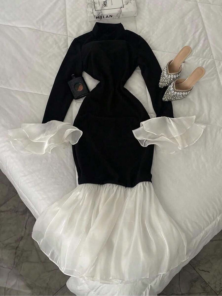 SHEIN INAWLY فستان حفلات أسود بأكمام واسعة وذيل سمكة أبيض