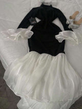 SHEIN INAWLY فستان حفلات أسود بأكمام واسعة وذيل سمكة أبيض